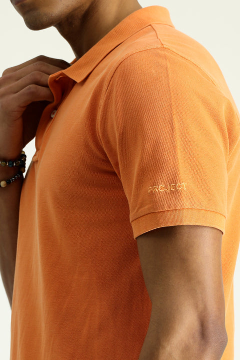 Light Orange Slim Fit Embroidered Cotton Polo Shirt