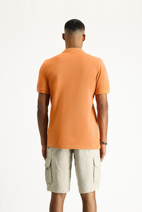 Light Orange Slim Fit Embroidered Cotton Polo Shirt