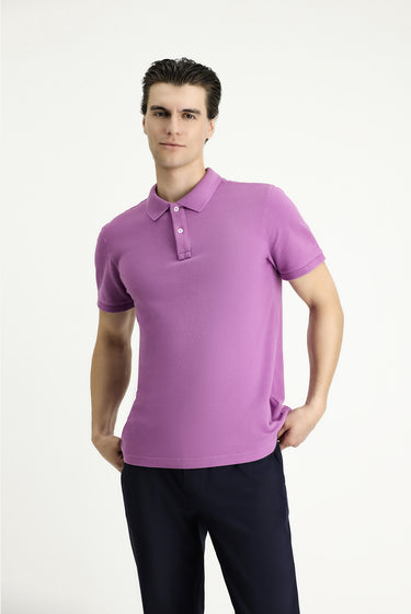 Açık Mor Slim Fit Dar Kesim Nakışlı Pamuk Polo Yaka Tişört