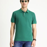 Koyu Yeşil Slim Fit Dar Kesim Nakışlı Pamuk Polo Yaka Tişört