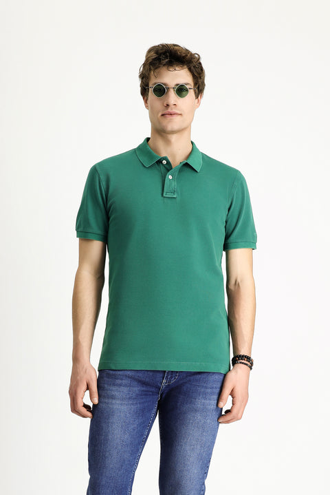 Koyu Yeşil Slim Fit Dar Kesim Nakışlı Pamuk Polo Yaka Tişört