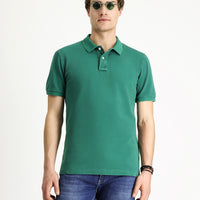 Koyu Yeşil Slim Fit Dar Kesim Nakışlı Pamuk Polo Yaka Tişört