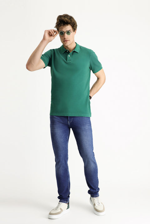 Koyu Yeşil Slim Fit Dar Kesim Nakışlı Pamuk Polo Yaka Tişört