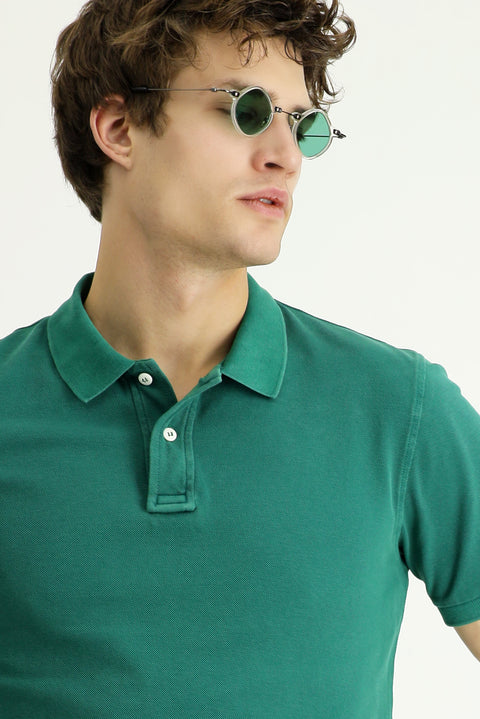 Koyu Yeşil Slim Fit Dar Kesim Nakışlı Pamuk Polo Yaka Tişört