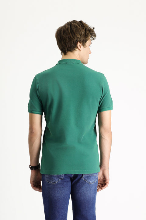Koyu Yeşil Slim Fit Dar Kesim Nakışlı Pamuk Polo Yaka Tişört