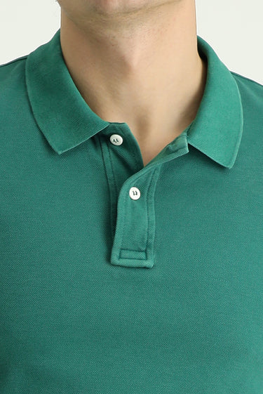 Koyu Yeşil Slim Fit Dar Kesim Nakışlı Pamuk Polo Yaka Tişört