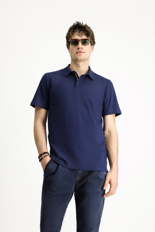  Orta Lacivert Polo Yaka Slim Fit Dar Kesim Nakışlı Pamuk Tişört
