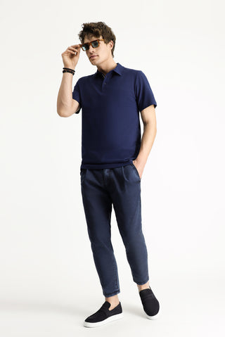  Orta Lacivert Polo Yaka Slim Fit Dar Kesim Nakışlı Pamuk Tişört