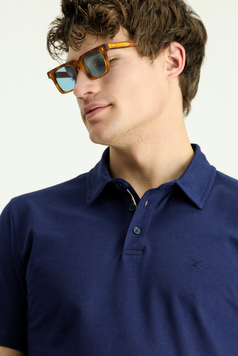 Orta Lacivert Polo Yaka Slim Fit Dar Kesim Nakışlı Pamuk Tişört