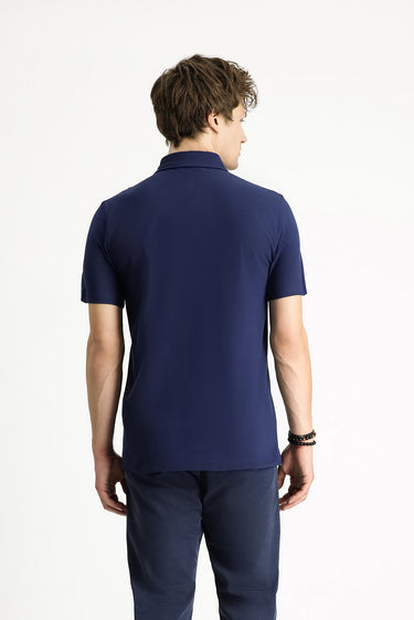 Orta Lacivert Polo Yaka Slim Fit Dar Kesim Nakışlı Pamuk Tişört