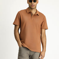 Açık Kahve  Polo Yaka Slim Fit Dar Kesim Nakışlı Pamuk Tişört