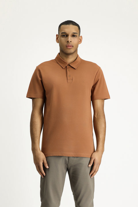 Açık Kahve  Polo Yaka Slim Fit Dar Kesim Nakışlı Pamuk Tişört