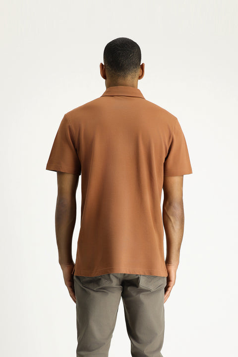 Açık Kahve  Polo Yaka Slim Fit Dar Kesim Nakışlı Pamuk Tişört