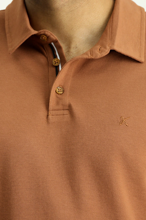 Açık Kahve  Polo Yaka Slim Fit Dar Kesim Nakışlı Pamuk Tişört