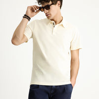 Krem Polo Yaka Slim Fit Dar Kesim Nakışlı Pamuk Tişört