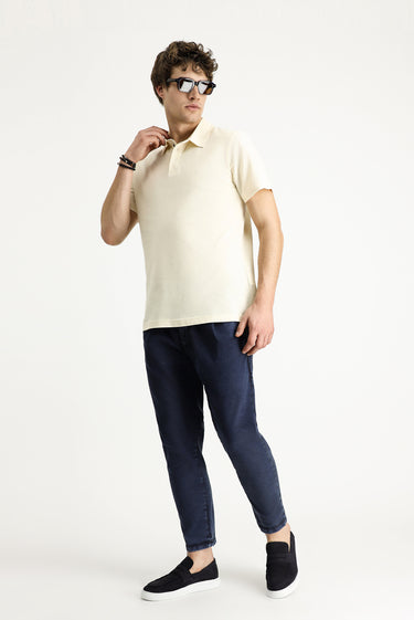 Krem Polo Yaka Slim Fit Dar Kesim Nakışlı Pamuk Tişört