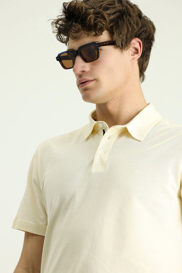 Krem Polo Yaka Slim Fit Dar Kesim Nakışlı Pamuk Tişört