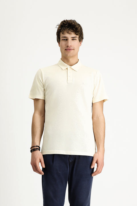 Krem Polo Yaka Slim Fit Dar Kesim Nakışlı Pamuk Tişört