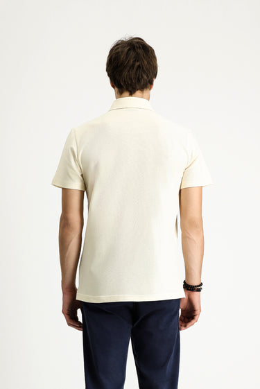 Krem Polo Yaka Slim Fit Dar Kesim Nakışlı Pamuk Tişört