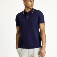 Koyu Lacivert Polo Yaka Slim Fit Dar Kesim Desenli Pamuk Tişört