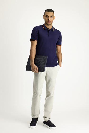 Koyu Lacivert Polo Yaka Slim Fit Dar Kesim Desenli Pamuk Tişört
