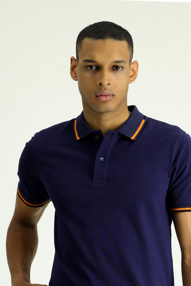 Koyu Lacivert Polo Yaka Slim Fit Dar Kesim Desenli Pamuk Tişört