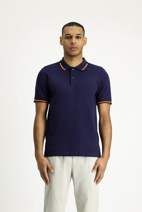 Koyu Lacivert Polo Yaka Slim Fit Dar Kesim Desenli Pamuk Tişört