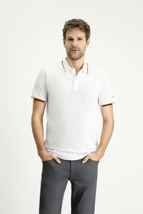 Beyaz Polo Yaka Slim Fit Dar Kesim Desenli Pamuk Tişört