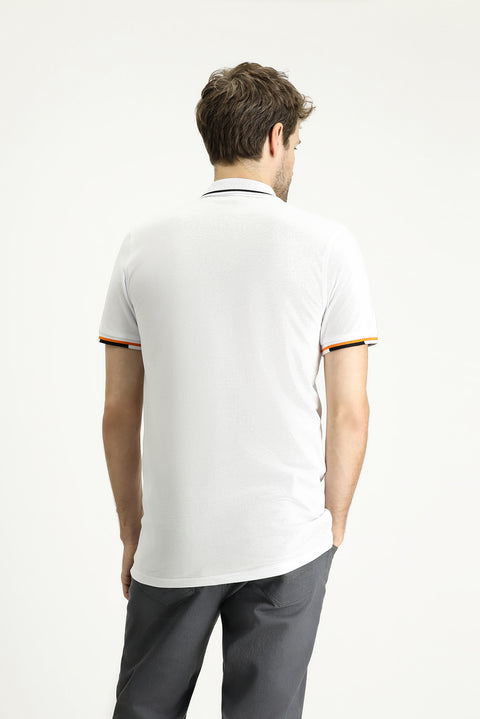 Beyaz Polo Yaka Slim Fit Dar Kesim Desenli Pamuk Tişört