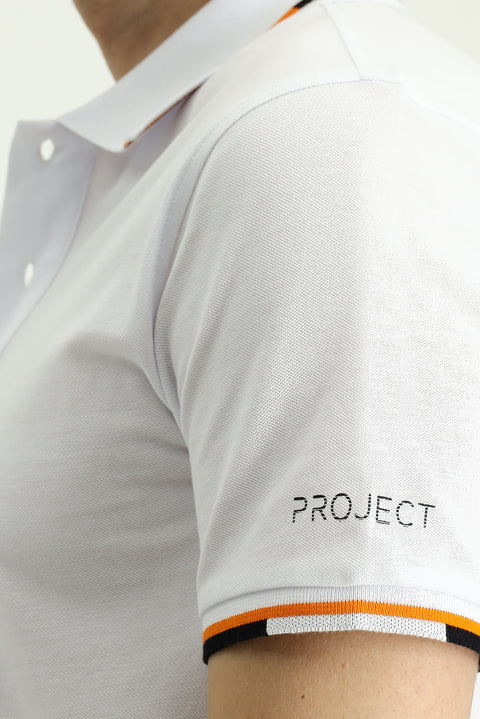 Beyaz Polo Yaka Slim Fit Dar Kesim Desenli Pamuk Tişört