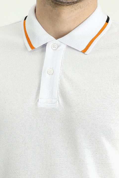 Beyaz Polo Yaka Slim Fit Dar Kesim Desenli Pamuk Tişört