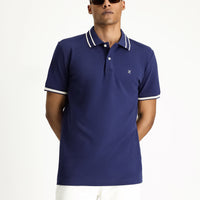 Orta Lacivert Polo Yaka Slim Fit Dar Kesim Desenli Nakışlı Pamuk Tişört