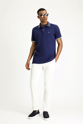  Orta Lacivert Polo Yaka Slim Fit Dar Kesim Desenli Nakışlı Pamuk Tişört