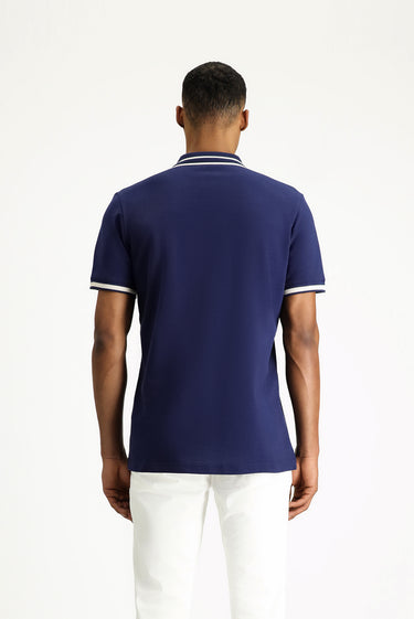 Orta Lacivert Polo Yaka Slim Fit Dar Kesim Desenli Nakışlı Pamuk Tişört