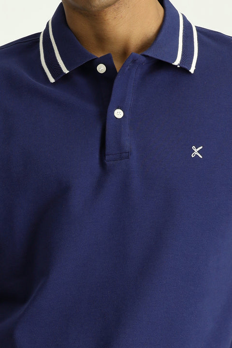 Orta Lacivert Polo Yaka Slim Fit Dar Kesim Desenli Nakışlı Pamuk Tişört