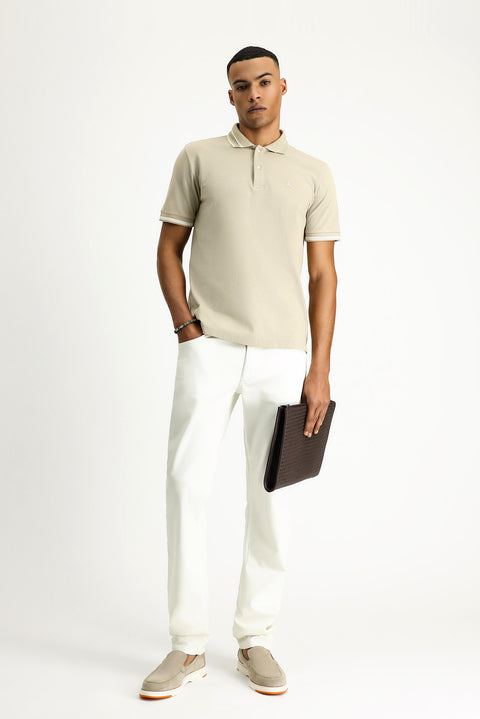 Açık Bej Polo Yaka Slim Fit Dar Kesim Desenli Nakışlı Pamuk Tişört