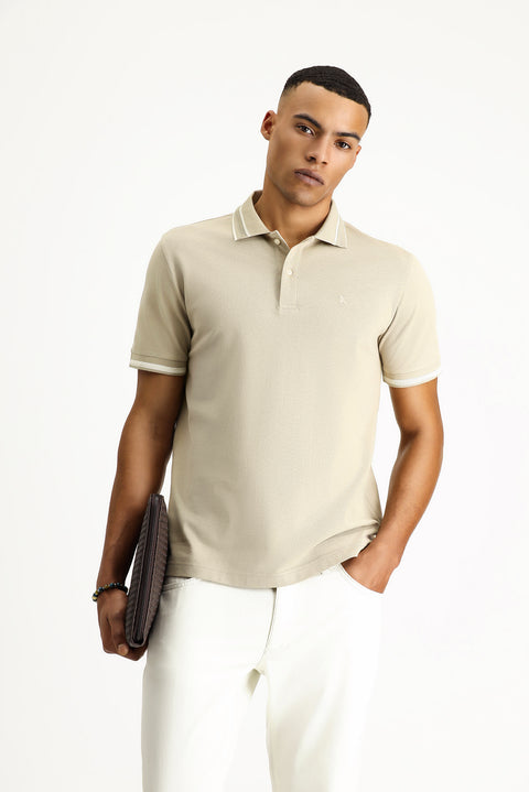 Light Beige Polo Collar Slim Fit Narrow Cut Patterned Embroidered Cotton T-shirt