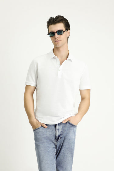  Beyaz Slim Fit Dar Kesim Edirne Kırmızısı Desenli Pamuk Polo Yaka Tişört