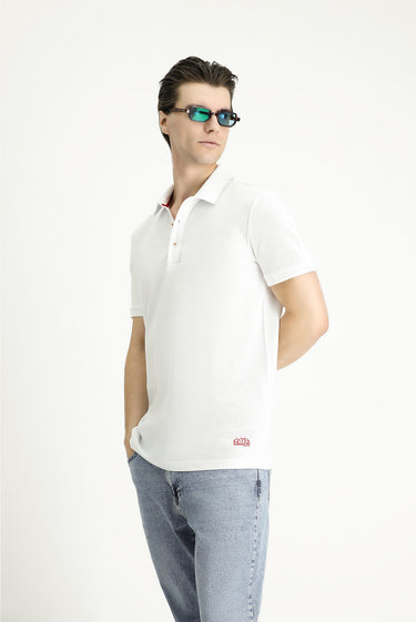  Beyaz Slim Fit Dar Kesim Edirne Kırmızısı Desenli Pamuk Polo Yaka Tişört