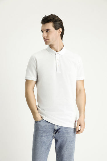  Beyaz Slim Fit Dar Kesim Edirne Kırmızısı Desenli Pamuk Polo Yaka Tişört