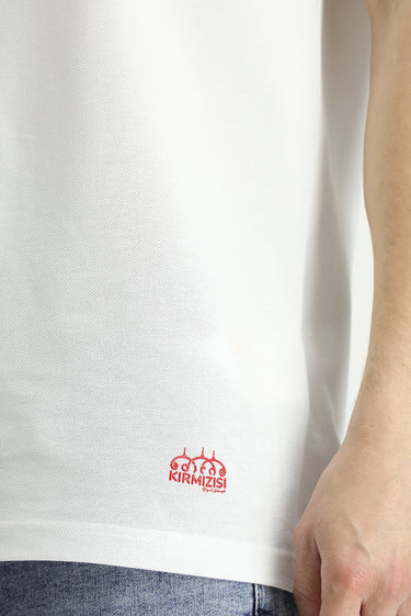 Beyaz Slim Fit Dar Kesim Edirne Kırmızısı Desenli Pamuk Polo Yaka Tişört