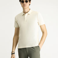 Krem Polo Yaka Slim Fit Dar Kesim Nakışlı Pamuk Tişört