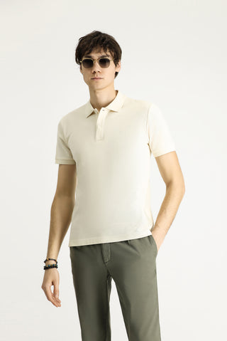  Krem Polo Yaka Slim Fit Dar Kesim Nakışlı Pamuk Tişört