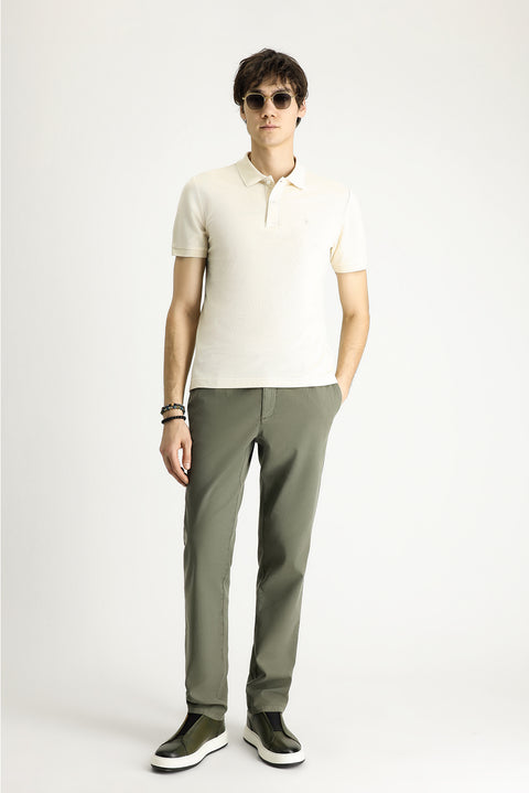 Krem Polo Yaka Slim Fit Dar Kesim Nakışlı Pamuk Tişört