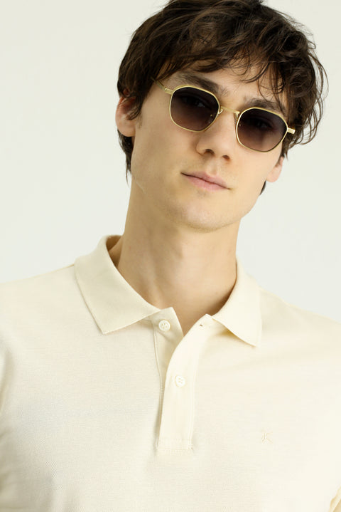 Krem Polo Yaka Slim Fit Dar Kesim Nakışlı Pamuk Tişört