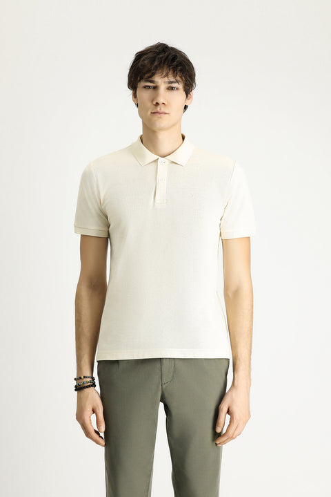 Krem Polo Yaka Slim Fit Dar Kesim Nakışlı Pamuk Tişört