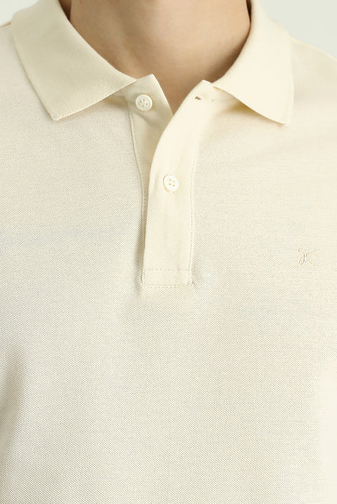 Krem Polo Yaka Slim Fit Dar Kesim Nakışlı Pamuk Tişört