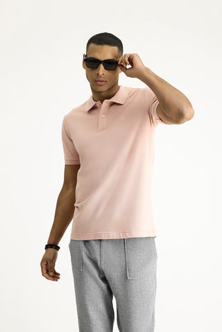  Toz Pembe Polo Yaka Slim Fit Dar Kesim Nakışlı Pamuk Tişört
