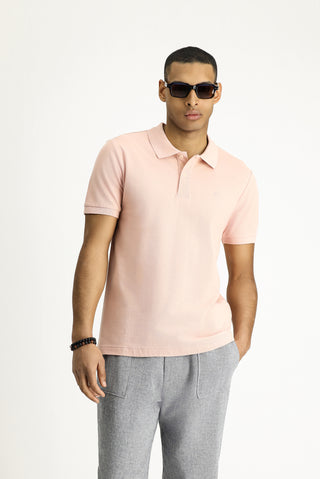  Toz Pembe Polo Yaka Slim Fit Dar Kesim Nakışlı Pamuk Tişört
