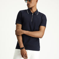 Koyu Lacivert Polo Yaka Slim Fit Dar Kesim Fermuarlı Pamuk Tişört